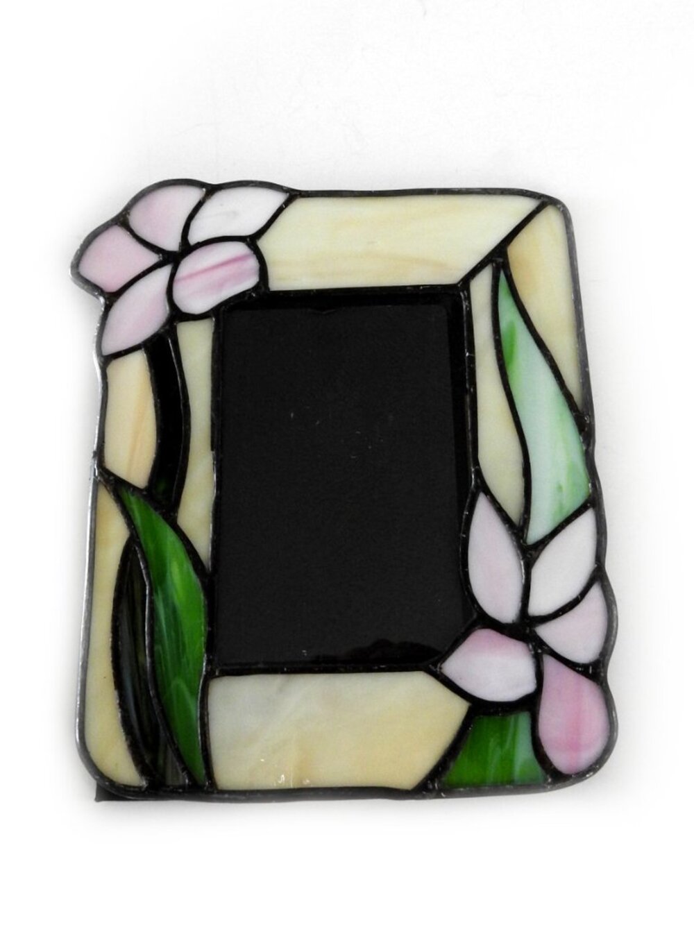 Vintage Artisan Stained Glass Floral Picture Frame Pink & White Flowers 3x5